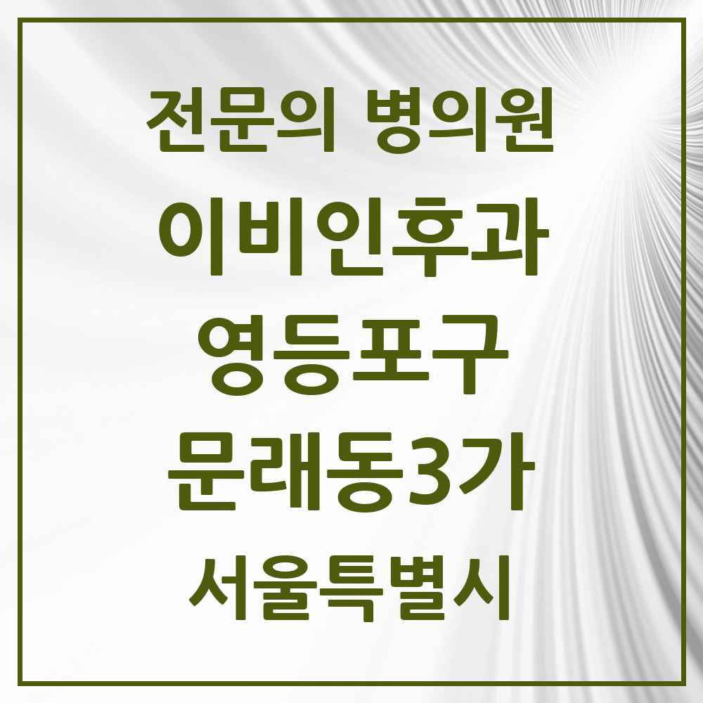 2025 서울특별시 영등포구 문래동3가 이비인후과 전문의 의원·병원 목록 2곳